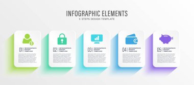 Vektör bilgi tasarım şablonu. İş simgeleriyle yatay bilgi düzenine sahip beş adım
