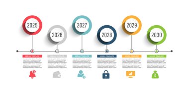 Zaman çizgisi yatay bilgi şablonu. İş simgeleriyle altı seçenek veya adım infografik düzeni