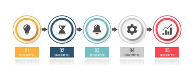 5 opsiyon bilgi grafiği tasarım şablonu. Bilgi grafiklerinin dairesel elementleri. İş ve pazarlama simgeleri, düğmeler.