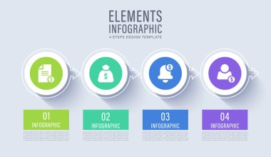 Sunum slaytları için 4 adım veya seçenekler infografik düzeni. Simgelerle iş ve pazarlama bilgi grafikleri.