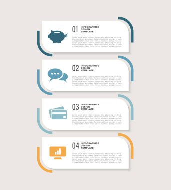 4 seçenek veya adımlı ticari bilgi şablonu tasarımı. İşlem diyagramı, sunumlar, simgeler ve metinlerle iş akışı düzeni
