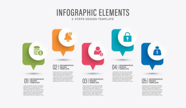 Sunum slaytları için beş adımlı konuşma kabarcığı vektörü işi ve pazarlama bilgi şablonu