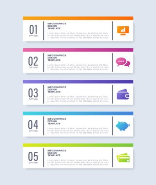 Modern dikey bilgi şablonu. Beş aşamalı iş ve pazarlama bilgi işlemleri simgelerle şablon