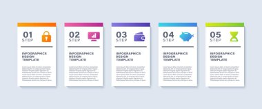 Modern bilgi tasarımı düzeninin beş aşaması. İş simgeleri ve metin içeren bilgi düzeni.