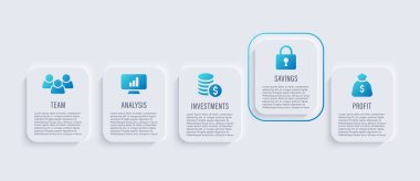 Neumorphes yatay vektör bilgi şablonu ile beş adım veya süreç ve iş simgeleri. Sunum slaytları için pazarlama bilgi düzeni