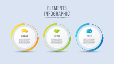 İş simgeleriyle üç yuvarlak bilgi elemanı. Pazarlama bilgi düzeni, üç adım veya süreç