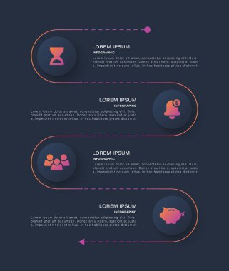 Neumorphism dikey iş ve pazarlama bilgi şablonu. Infographic yerleşimi, zaman çizelgesi, veri görselleştirmesi için dört adım.