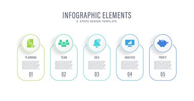 Temiz bilgi şablonu. Beş adım, iş simgeleri ve veri için alan içeren bilgi işlem seçenekleri infografik düzeni.