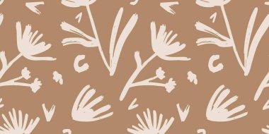 Basit, soyut, dikişsiz çiçek deseni. El çizimi botanik çiçekleri ve yapraklar. Tekstil tasarımı, dekor veya ambalaj kağıdı için vektör çizimi