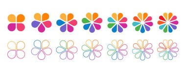 1 'den 10' a kadar eşit bölümlere ayrılmış çiçek diyagramları kümesi. Beyaz arka planda renkli yapraklı çiçek turtası grafikleri.