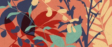 Yaprakları ve bitkileri olan modern, modaya uygun bir arka plan. Sonbahar afişi ya da broşür tasarımı.