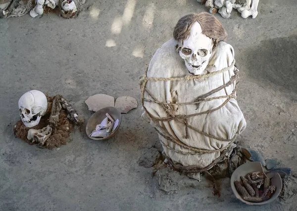 Peru 'daki iyi korunmuş mumya Chauchilla mezarlığı.