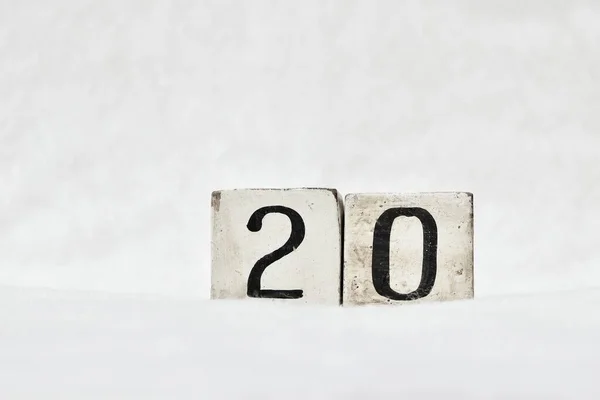 Número Calendario Bloques Madera Vintage Sobre Fondo Nieve Blanco Espacio — Foto de Stock