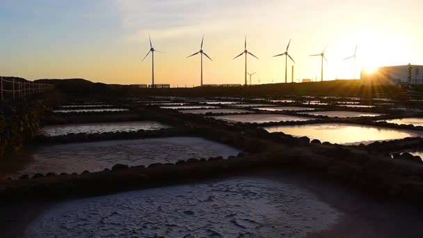 Wind Turbines Generating Electricity Power Energy Silhouettes Sunset Salt Pans — Stockvideo