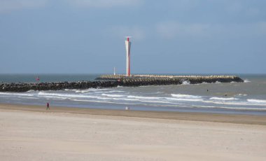 Ostend beach, waterfront and radar tower at the end of the pier, North Sea coast, Flanders, Belgium, Europe