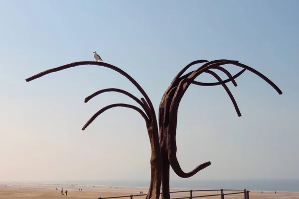 Seagull on the 'Dansende Golven' (Dancing Waves) sculpture at Ostend beach, Belgium, Europe