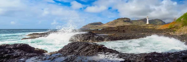 Panorama Landscape Waves Splashing Rocky Shore Kukii Point Lighthouse Kalapaki — Stock Photo, Image