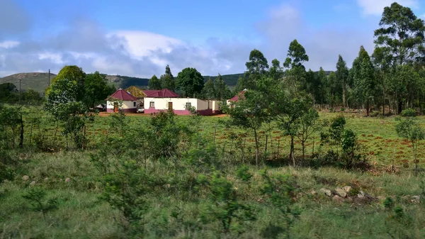 stock image African house with rondavel in the countryside amid green fields and surrounded by trees, Swaziland, Africa, panoramic landscape view, Swaziland, Africa