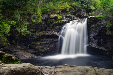 Falloch Şelalesi (Galce: Eas Falach) Lomond Gölü ve Trossachs Ulusal Parkı, İskoçya, İngiltere. Yumuşak akan suda ipek etkisi, uzun pozlama fotoğrafçılığı.