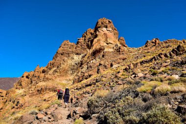 Tenerife, İspanya - 27 Aralık 2023: Roques de Garcia döngü patikasında yürüyen yürüyüşçüler, sıcak güneşli bir günde Tenerife Ulusal Parkı, Kanarya Adalarını keşfetmek, İspanya 'yı keşfetmek, Avrupa' yı gezmek