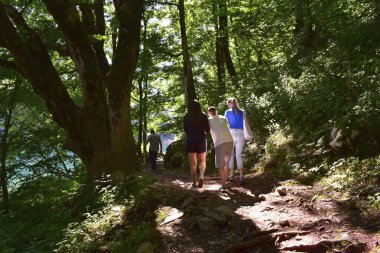 Kolasin, Karadağ - 5 Temmuz 2024: Engelli erkek çocuğuna ormanda düzensiz bir orman yolunda yürürken yardım ediliyor ve destek veriliyor. Biogradska Gora Ulusal Parkı, Balkanlar 'ı keşfetmek, Avrupa' yı gezmek.