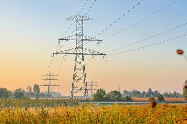 Arkaplanda elektrik hatları olan elektrik direği güzel günbatımı ve gökyüzü.