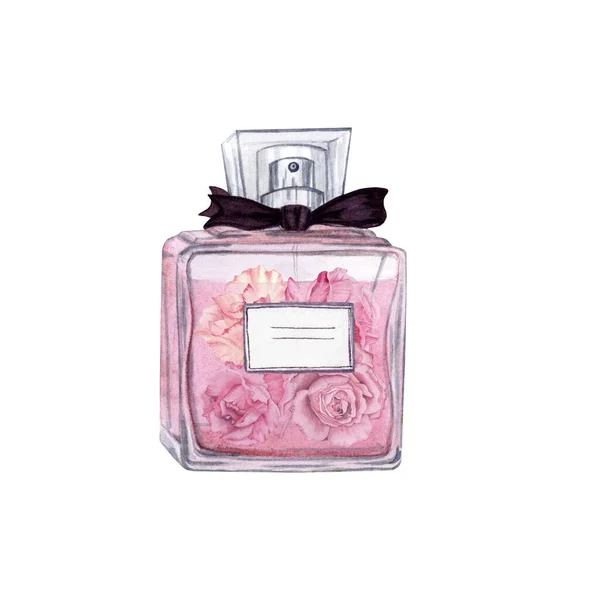 Stijlvolle Parfumflesje Met Rozen Drijvend Aquarel Illustratie Voor Kaarten Geschenken — Stockfoto