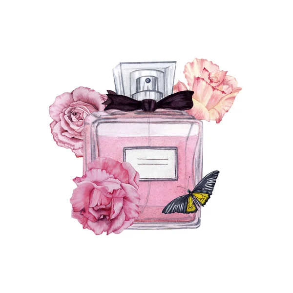 Gül ve kelebek suluboya resimli şık bir parfüm şişesi. Kartlar, hediyeler, kişisel bakım, düzenlemeler, parti davetiyeleri, güzellik ürünleri, doğum günü ve daha fazlası için.