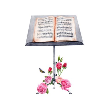 Music Stand with Sheet Music decorated with Roses watercolor illustration on white background. Perfect for cards, graduation certificates, gifts for musicians and more. clipart