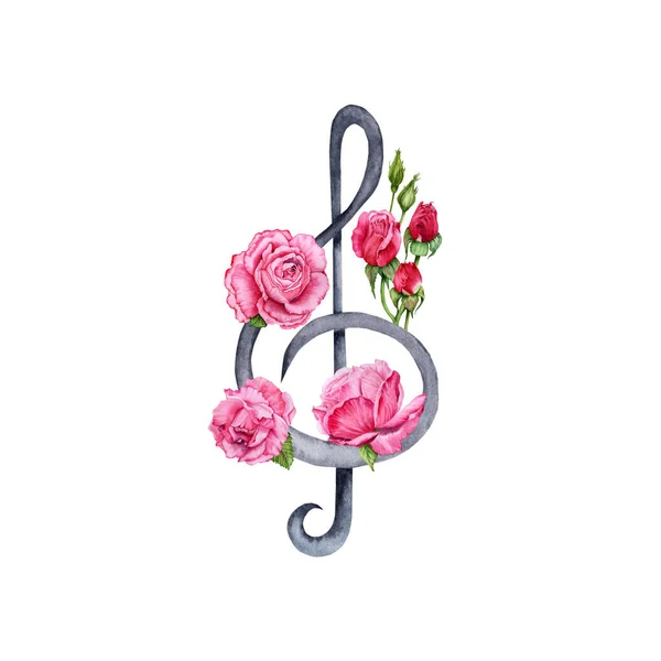 Clássico Música Agudo Clef Decorado Com Roses Ilustração Aquarela Sobre — Fotografia de Stock