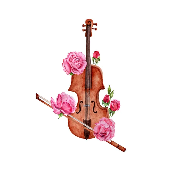 Housle Lukem Zdobené Růže Akvarel Ilustrace Bílém Pozadí Ideální Pro — Stock fotografie