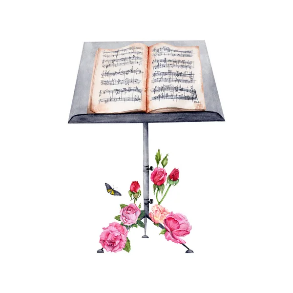Music Stand with Sheet Music decorated with Roses watercolor illustration on white background. Perfect for cards, graduation certificates, gifts for musicians and more.