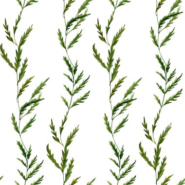 Beyaz zemin üzerine yeşil yapraklar çizilmiş suluboya elle kusursuz desen