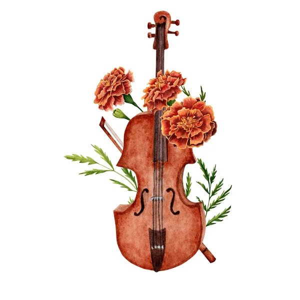 Akvarel Housle Svatební Květiny Ručně Kreslené Ilustrace Izolované Bílém Pozadí — Stock fotografie