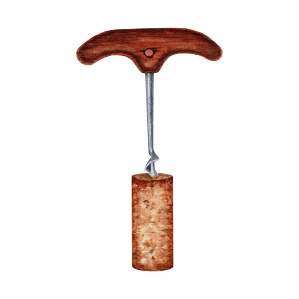 stock image Wooden corkscrew with wine cork isolated on white background. Hand drawn watercolor illustration.
