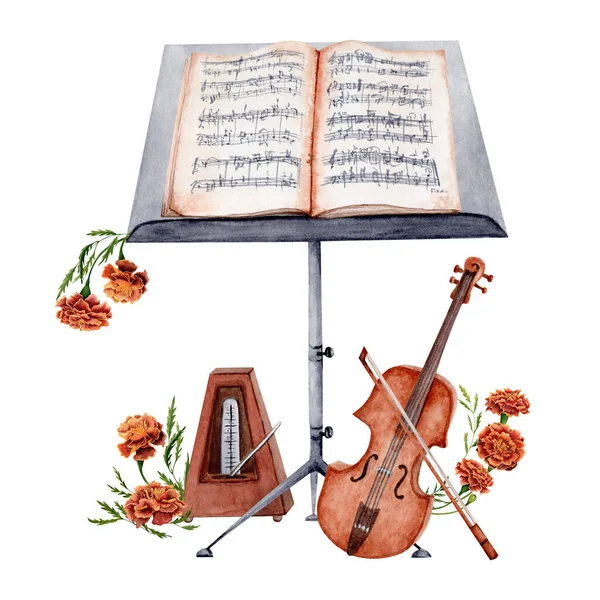 Klasický Hudební Prvek Houslemi Hudebním Stánkem Metronom Zdobený Květinami Akvarelové — Stock fotografie