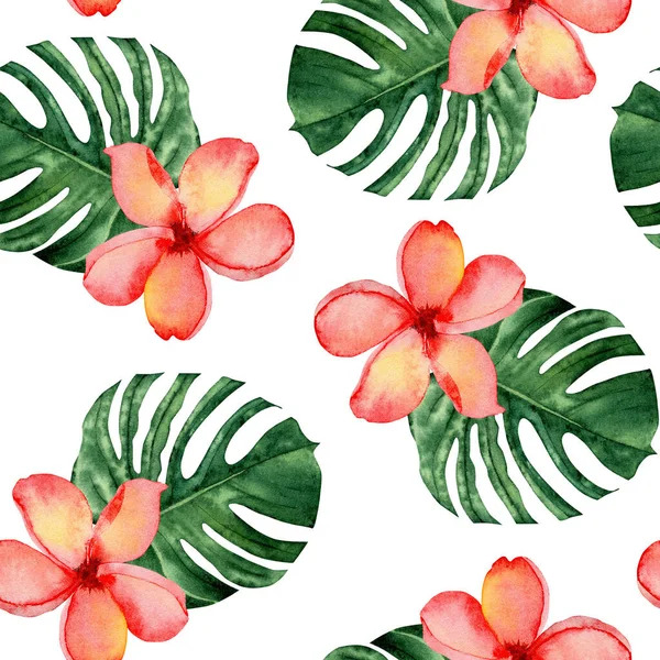 Palmiye yaprakları ve turuncu tesisat çiçekleriyle suluboya, dikişsiz desen. İzole suluboya çizimi.