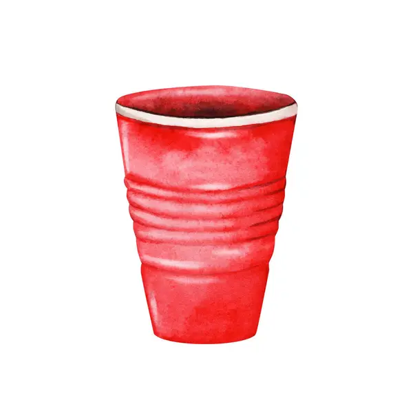 Kırmızı plastik tek kullanımlık bardak. Beyaz arka planda elle çizilmiş suluboya çizimi. Kokteyller, su, meşrubat ve soğuk içecekler için pembe bardak. Üniversite partisi funky tasarım unsuru.
