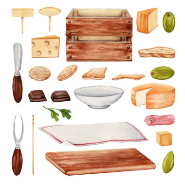 Peynir dilimleri, zeytin, jambon, kraker servis masası, masa örtüsü, tahta sandık, bıçak ve çatal ve tabakla piknik menüsü. Suluboya çizimi beyaz arkaplanda izole edildi