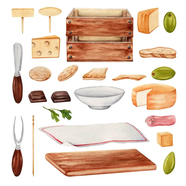 Peynir dilimleri, zeytin, jambon, kraker servis masası, masa örtüsü, tahta sandık, bıçak ve çatal ve tabakla piknik menüsü. Suluboya çizimi beyaz arkaplanda izole edildi