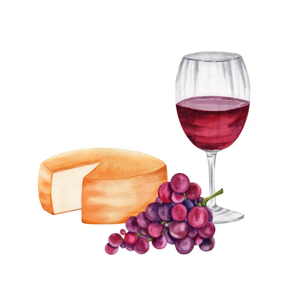 Composition with cheese, a glass with red wine and a bunch of grapes. Hand drawn watercolor illustration isolated on white background. Rustic chic style picnic tasting platter. Restaurant menu logo