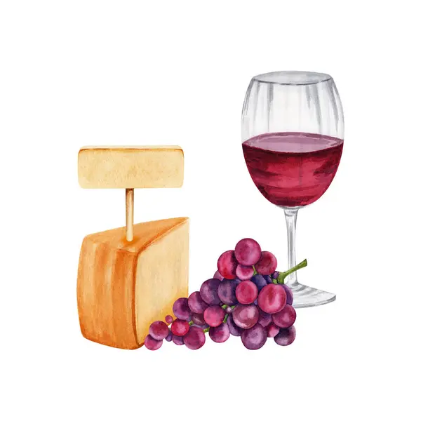 Composition with a piece of cheese, wine glass, red grapes. Hand drawn watercolor illustration isolated on white background. Rustic chic style picnic tasting platter. Empty mock up name or price tag