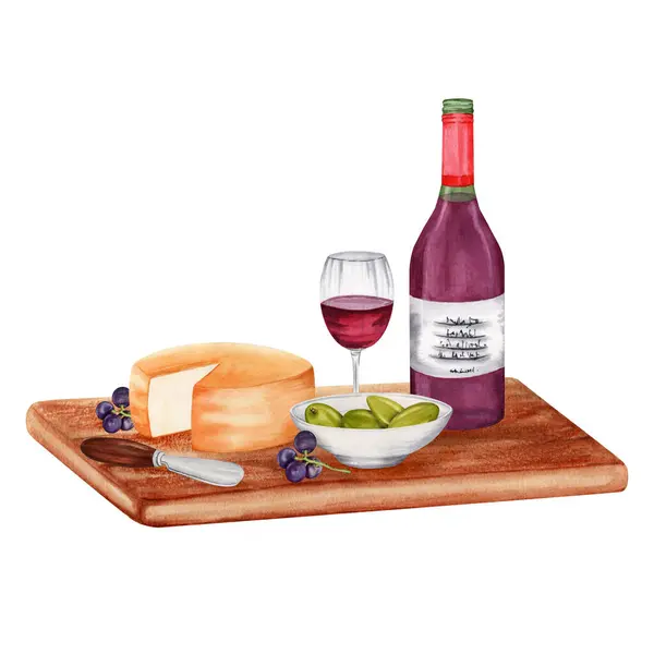 Composition with cheese, red wine, bottle, glass, plate, olives and knife on wooden board. Hand drawn watercolor illustration isolated on white background. Rustic chic style picnic tasting platter