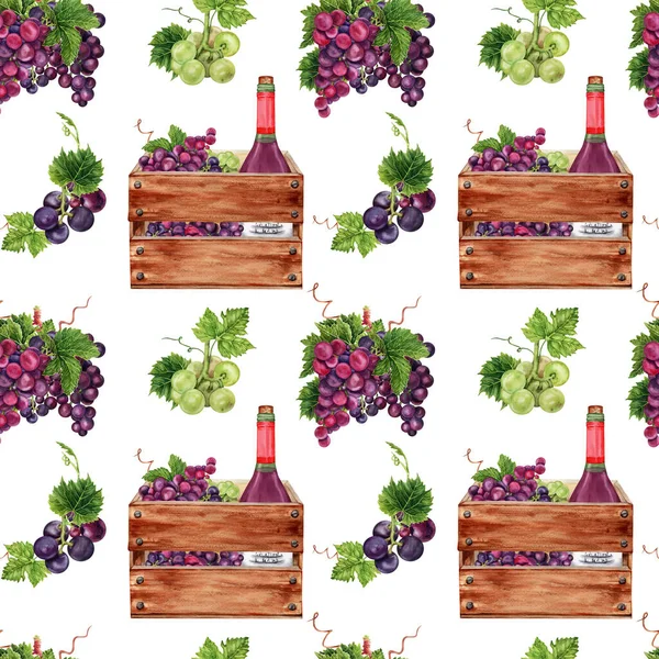 Wine making and grape harvest seamless pattern. Bottle of red wine in a wooden crate. Hand drawn watercolor illustration isolated on white background. Card, printing, textile, fabric, wrapping paper