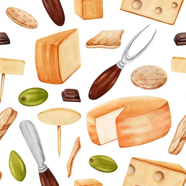 Yeşil zeytinli, peynirli, çikolatalı, krakerli, bıçaklı ve çatallı kusursuz desen. Beyaz arka planda elle çizilmiş suluboya çizimi. Tekstil, kumaş, baskı, kart tasarımı ögesi.