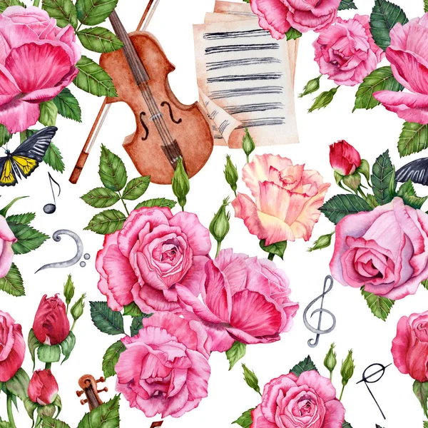 Seamless pattern with pink and red roses, violin with a bow, sheet music pages and perfume bottle. Hand drawn watercolor illustration isolated on white background. Design elements for wallpaper, card