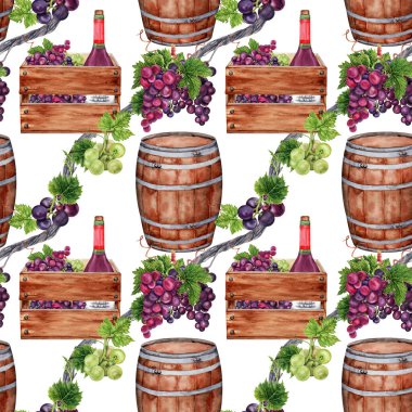 Şarap yapımı ve üzüm hasadı kusursuz. Tahta bir sandıkta bir şişe kırmızı şarap. Beyaz arka planda elle çizilmiş suluboya çizimi. Kart, baskı, tekstil, kumaş, ambalaj kağıdı