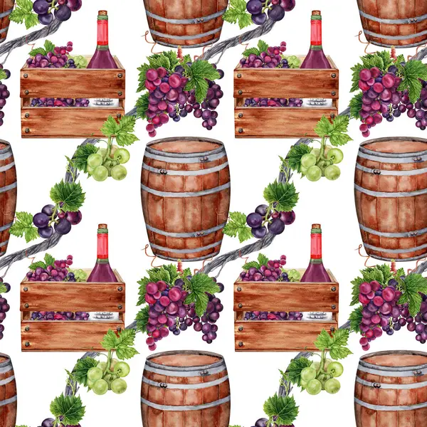 Wine making and grape harvest seamless pattern. Bottle of red wine in a wooden crate. Hand drawn watercolor illustration isolated on white background. Card, printing, textile, fabric, wrapping paper