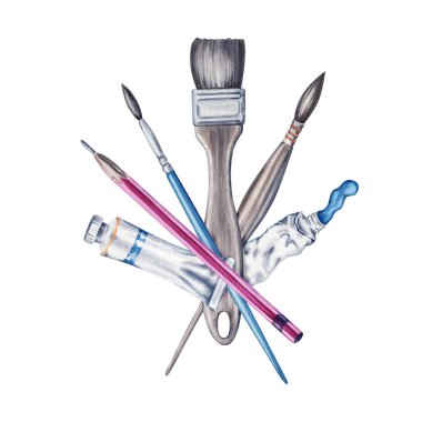 Bir dizi sanatsal fırça, kalem ve boya tüpleri. Mavi boya. Beyaz arka planda elle çizilmiş suluboya çizimi. Sanat Dünyası Sanat Dersleri, mağazalar, el ilanları, reklamlar, web tasarımları için koleksiyon