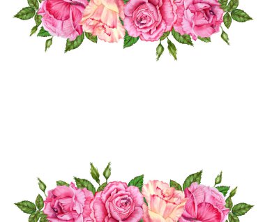 Üzerinde pembe gül çiçekleri, tomurcuklar ve yeşil yapraklar olan çiçek deseni. Beyaz arka planda elle çizilmiş suluboya çizimi. Sevgililer günü kartları, davetiyeler, afişler, hediyeler, düğünler için şablon tasarımı.